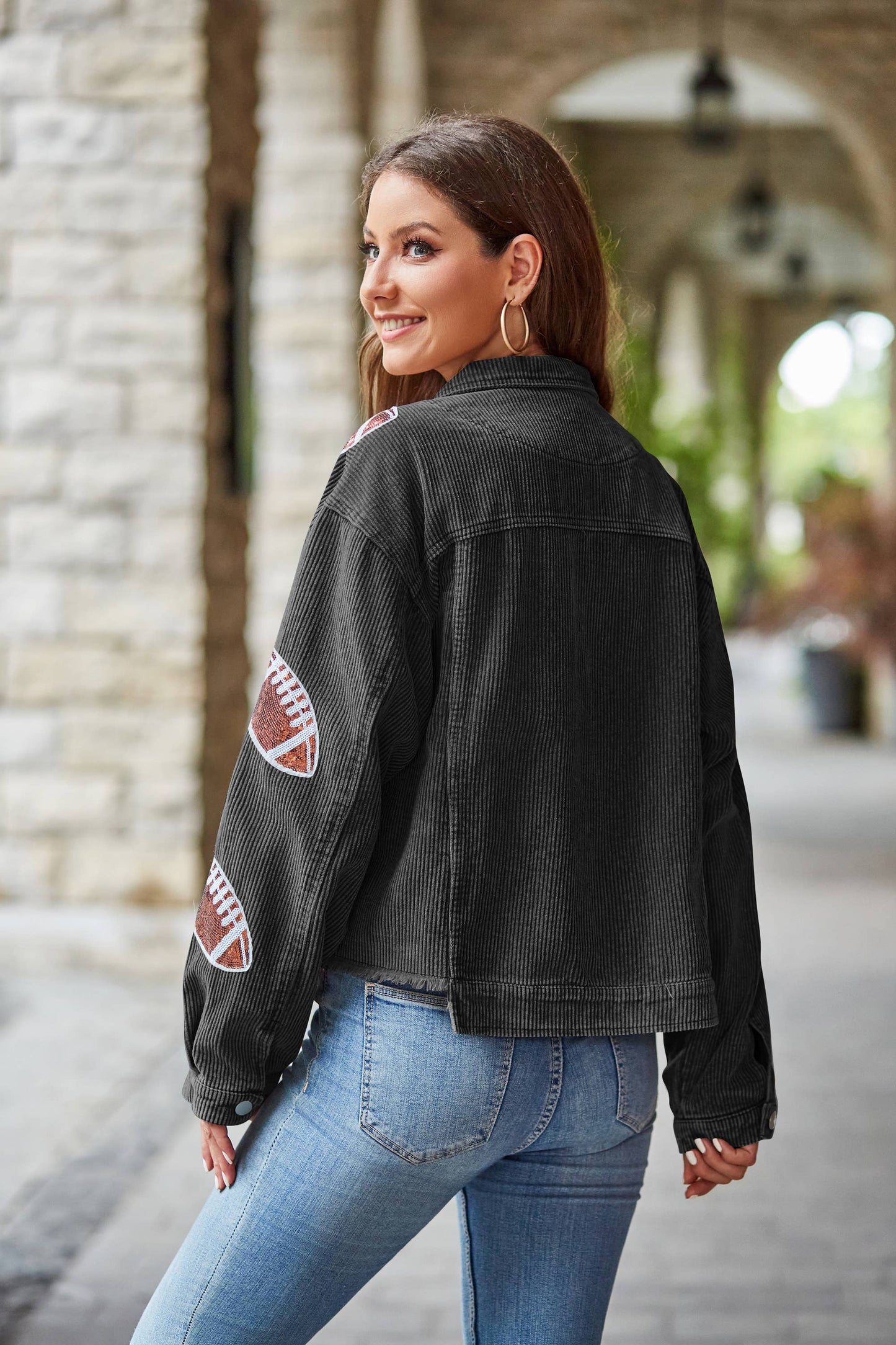 Cropped Corduroy Sequin Football Jacket Black