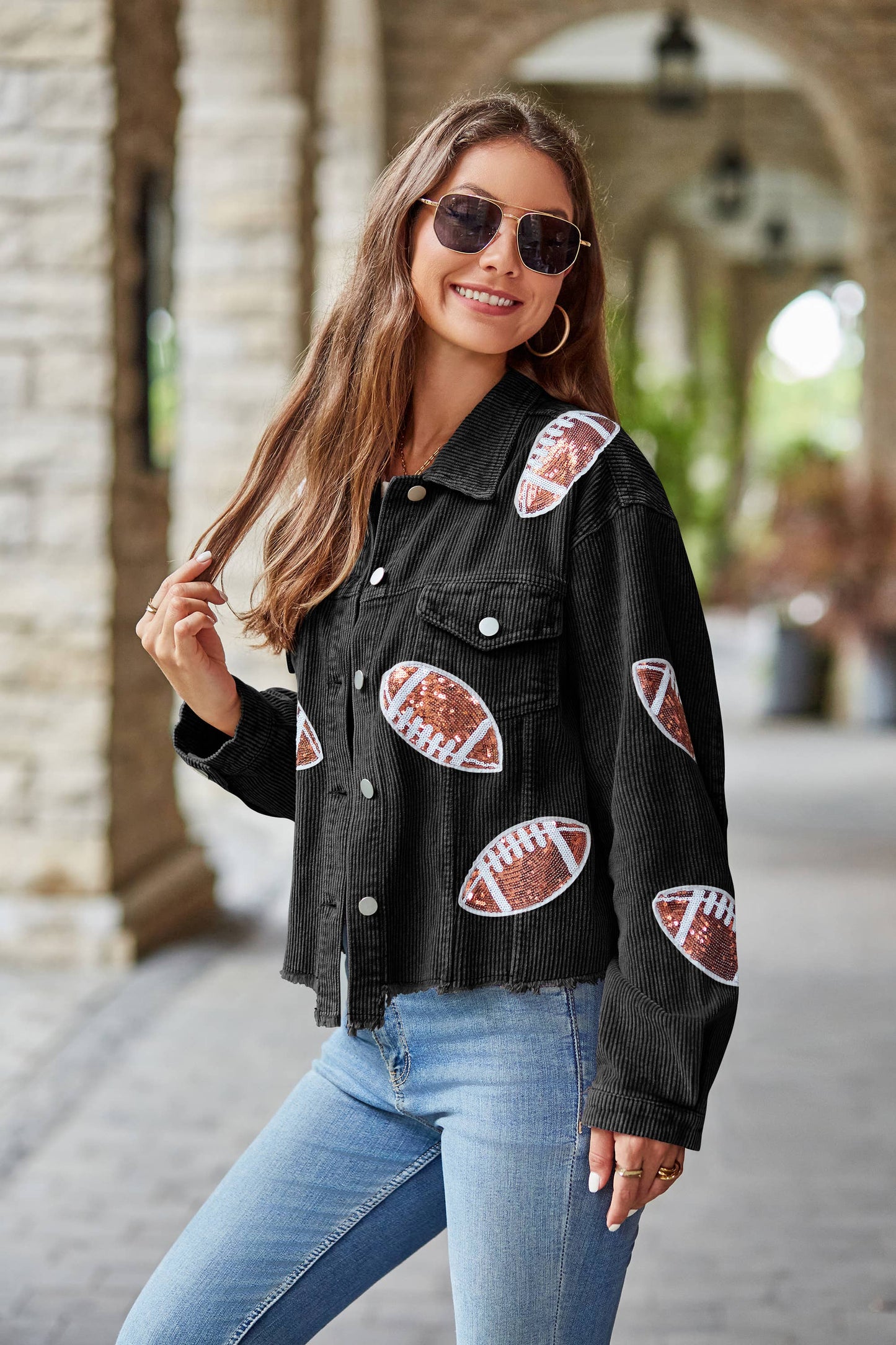 Cropped Corduroy Sequin Football Jacket Black