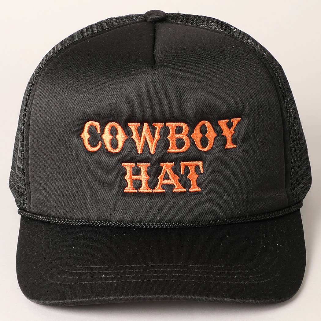 Cowboy Hat Embroidered Mesh Back Trucker Hat: BLACK