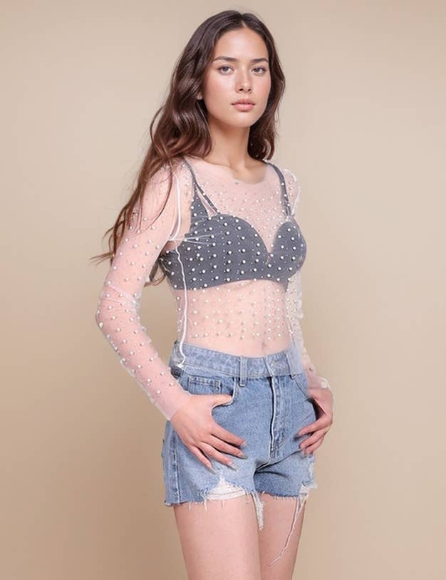 Pearl Rhinestone Studded See Through Mesh Top