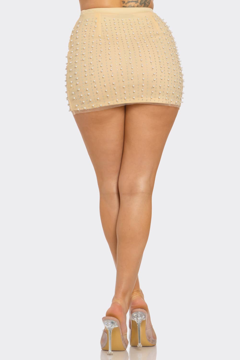 Nude Mesh Pearl Stud Skirt