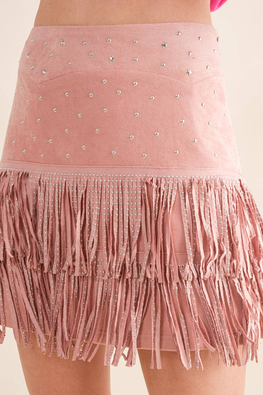 Suede Star Studded Fringe Skirt Tan