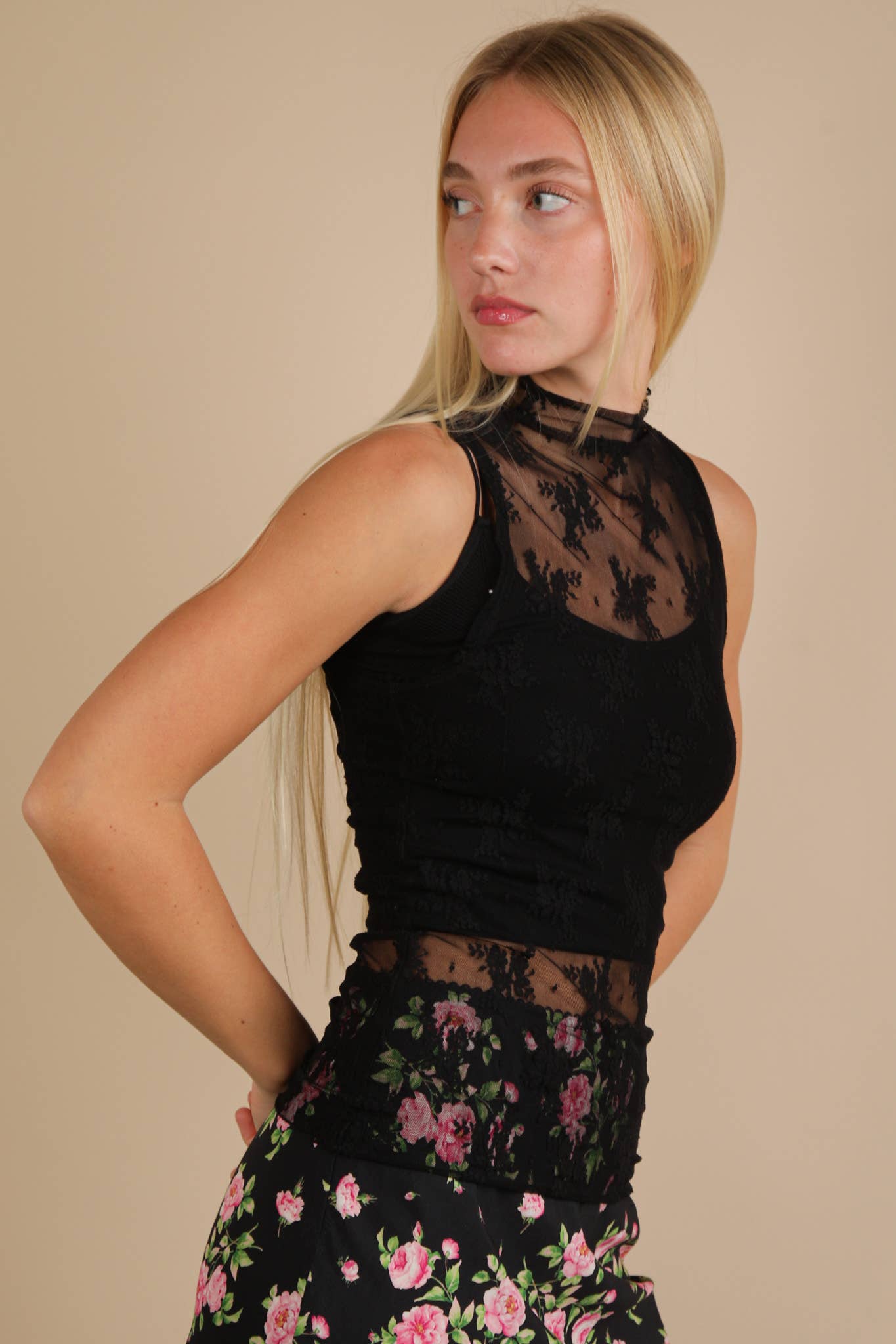 High Neck Sheer Mesh Lace Fitted Knit Top Black
