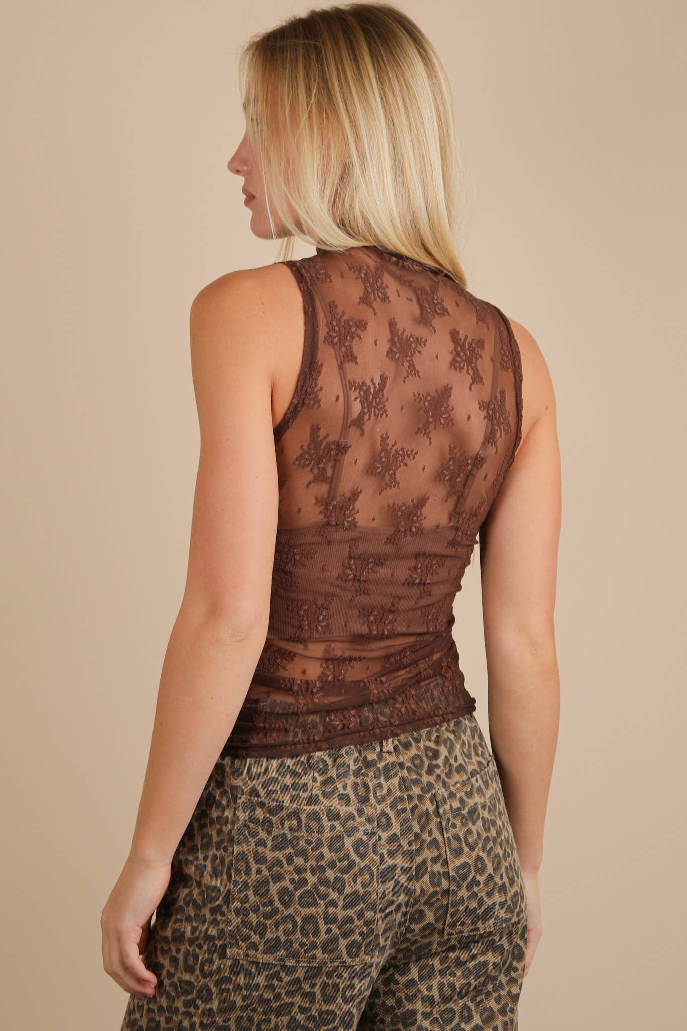 High Neck Sheer Mesh Lace Fitted Knit Top Leopard