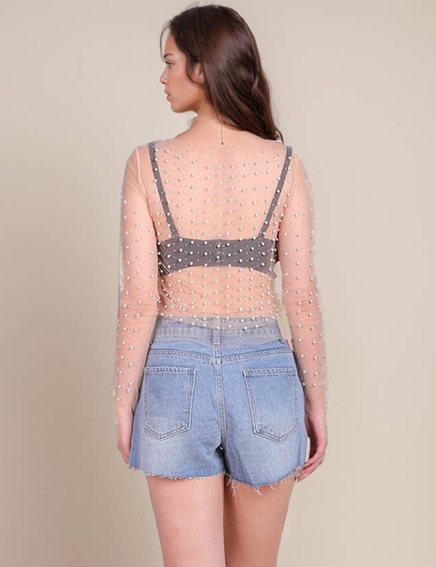 Pearl Rhinestone Studded See Through Mesh Top