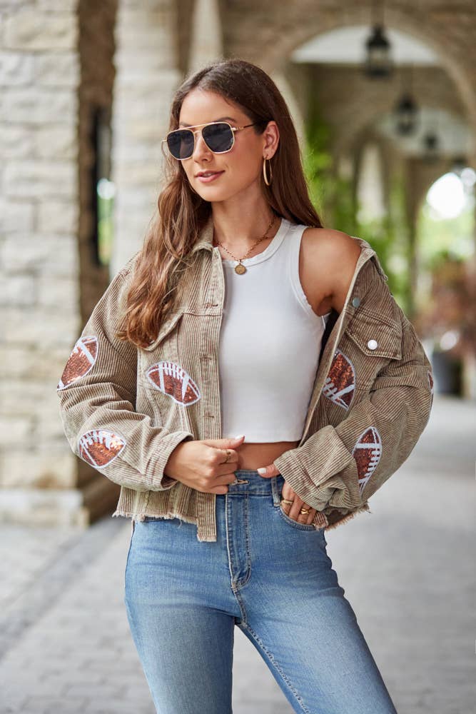 Cropped Corduroy Sequin Football Jacket Khaki