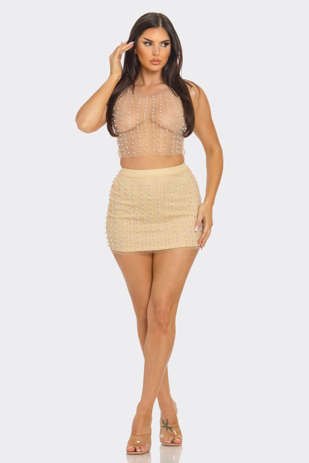 Nude Mesh Pearl Stud Skirt