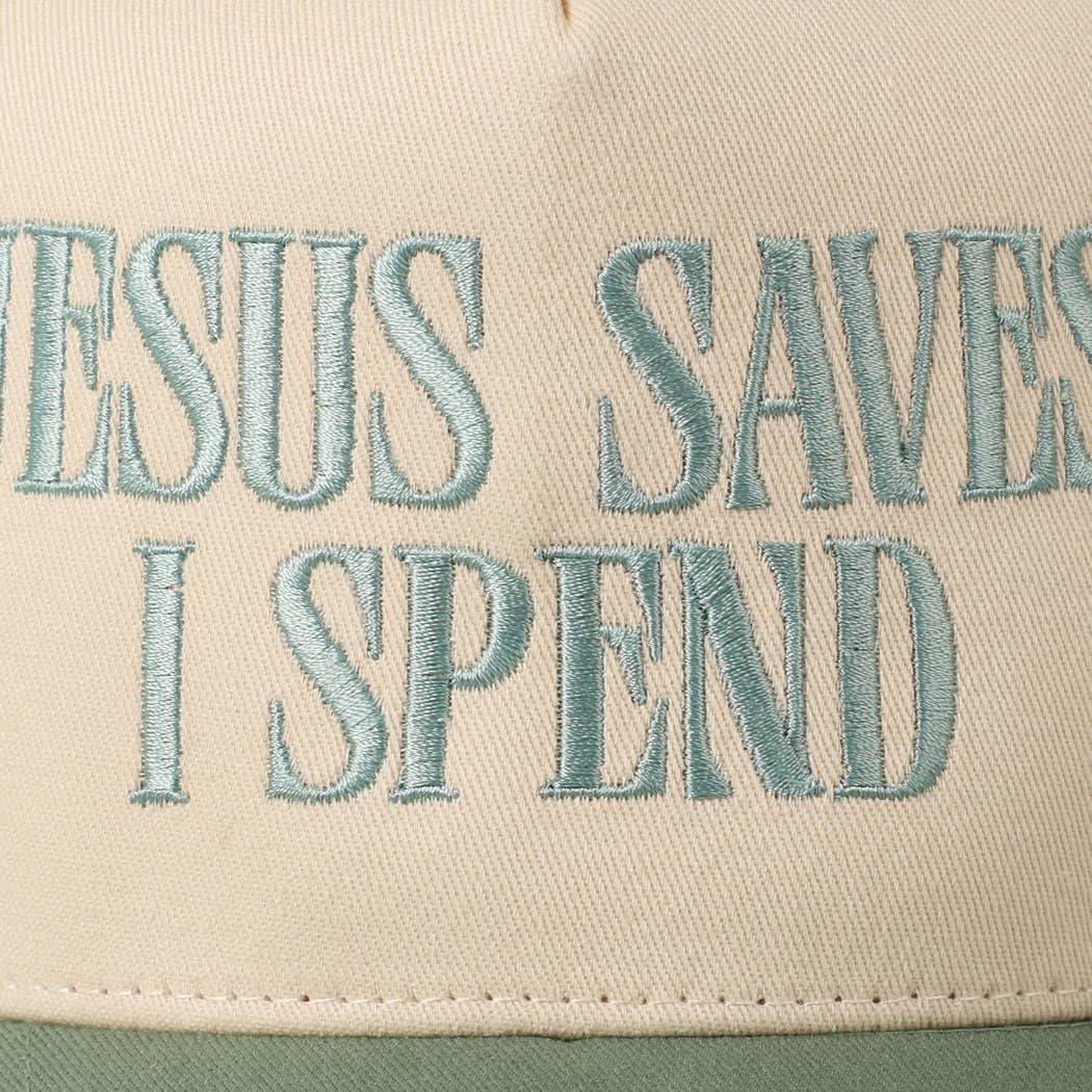 JESUS SAVES I SPEND Embroidery Trucker Hat: HOT PINK