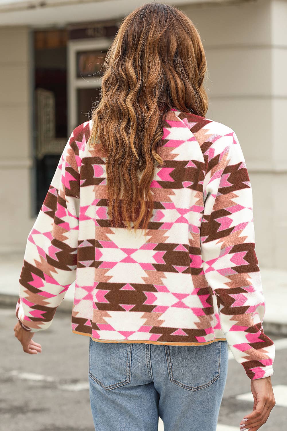 Western Aztec Buttoned Zipper Pockets Fleece Jacket