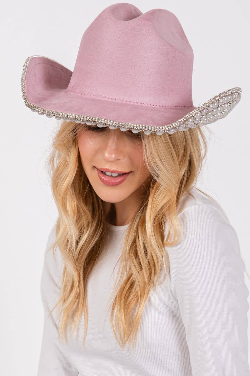 Pave Rhinestone Pearl Trim Cowboy Hat Pink