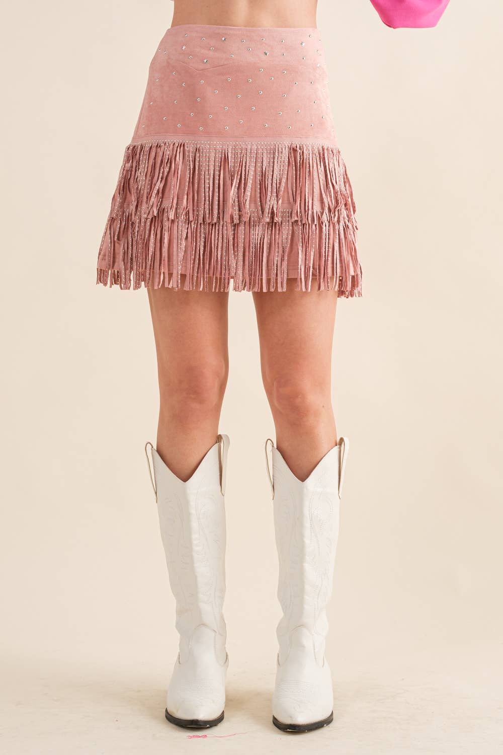 Suede Star Studded Fringe Skirt Tan
