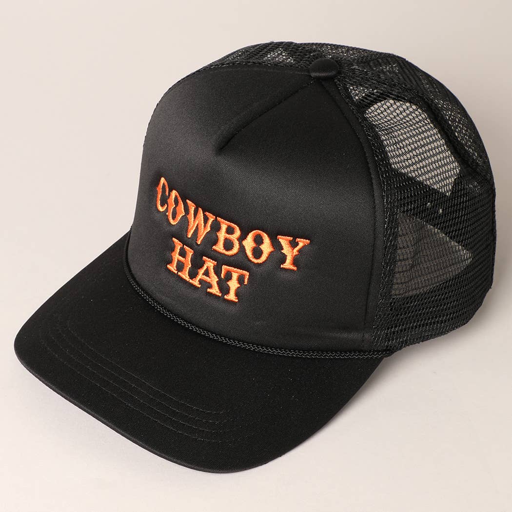 Cowboy Hat Embroidered Mesh Back Trucker Hat: BLACK