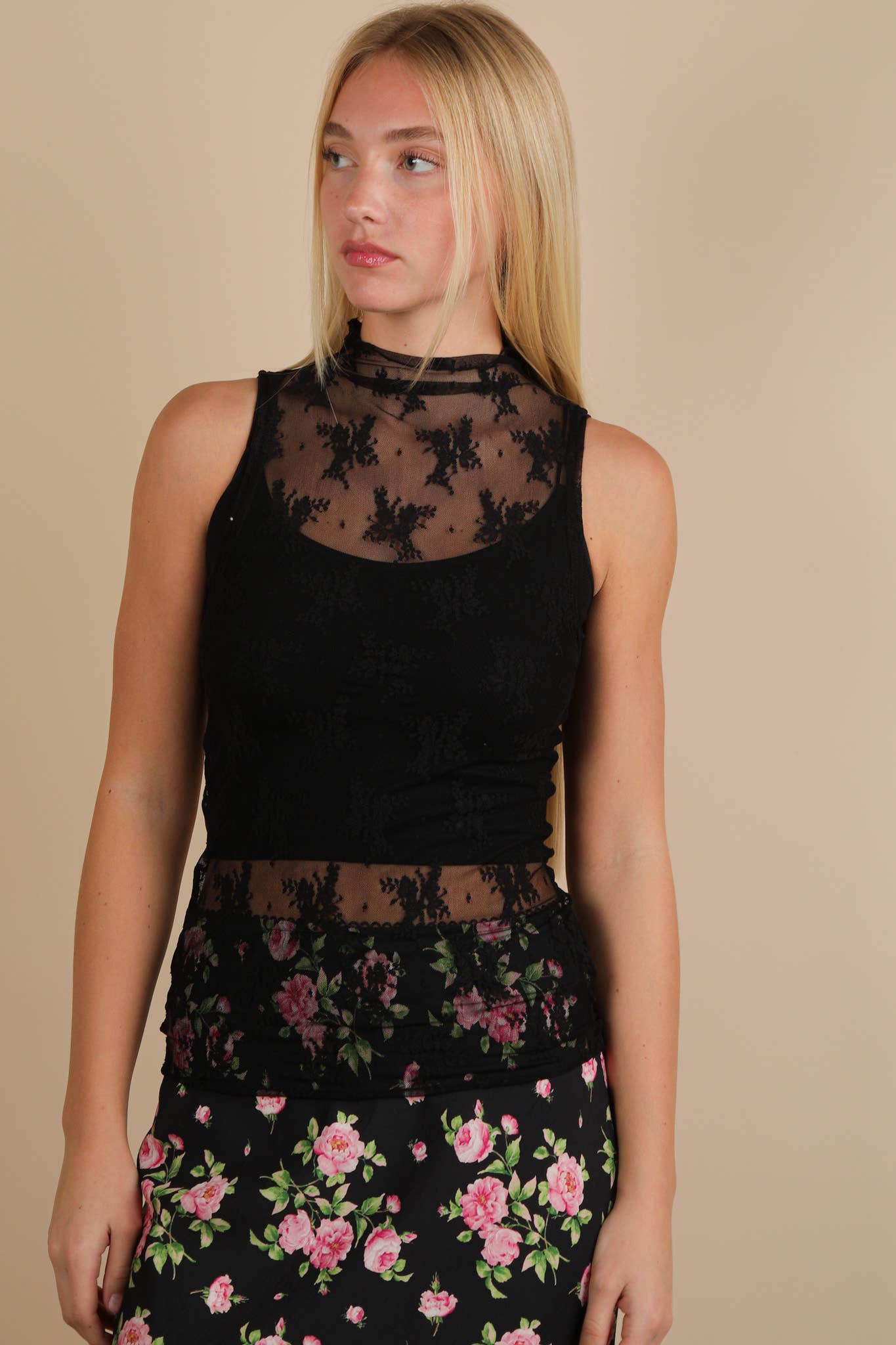 High Neck Sheer Mesh Lace Fitted Knit Top Leopard