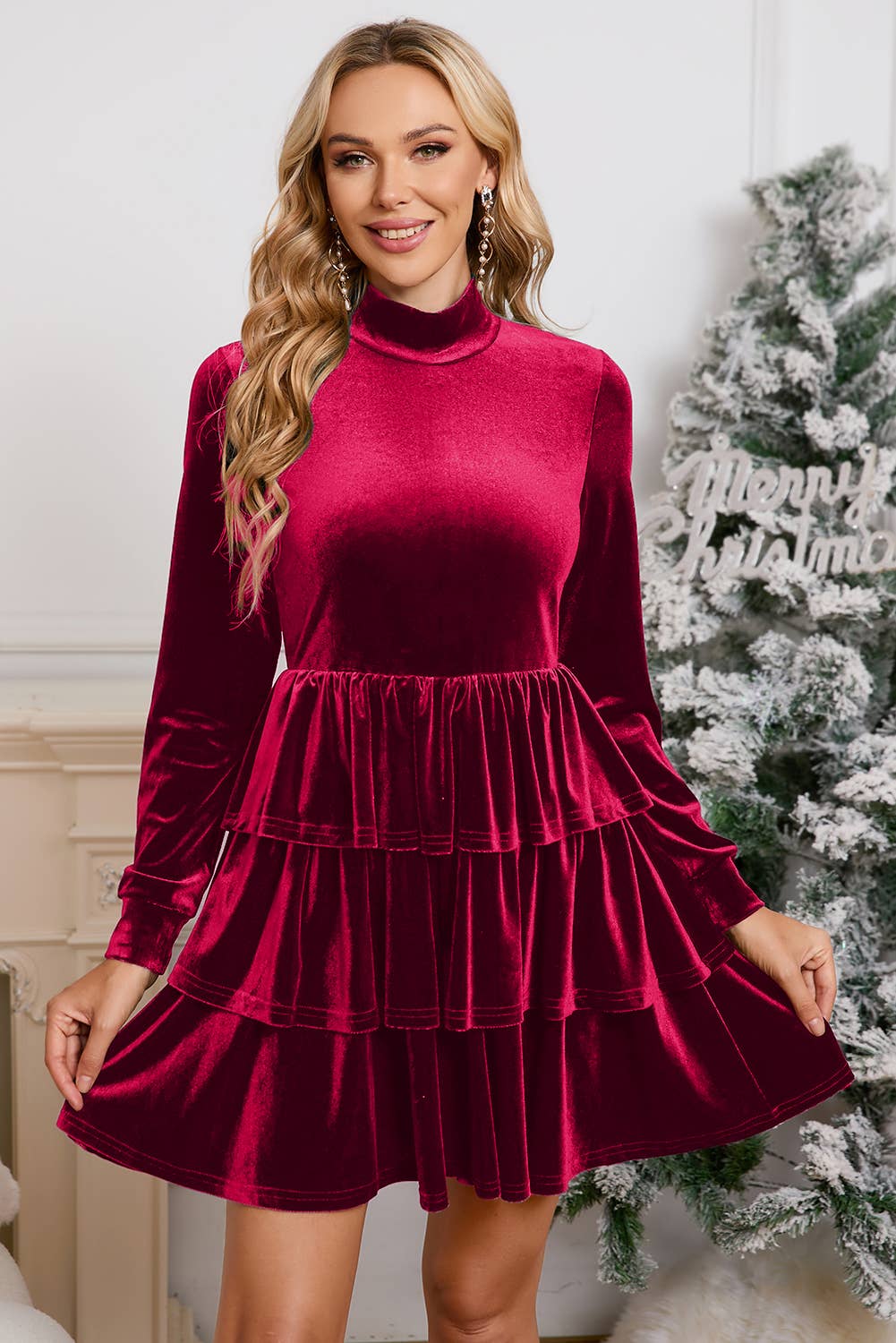 Velvet Ruffle Mini Dress Red