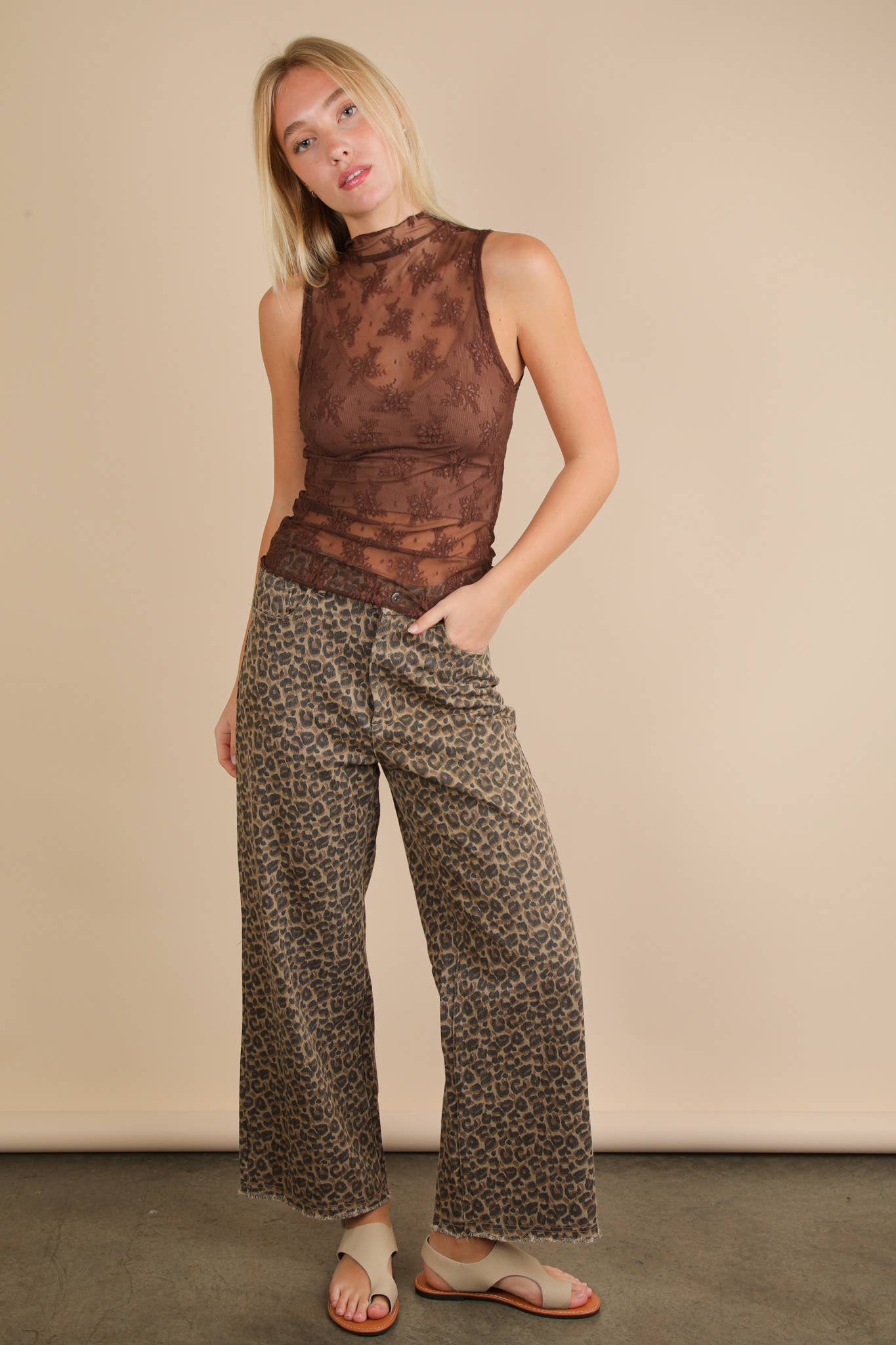 High Neck Sheer Mesh Lace Fitted Knit Top Leopard