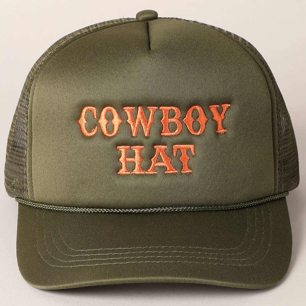 Cowboy Hat Embroidered Mesh Back Trucker Hat: BLACK
