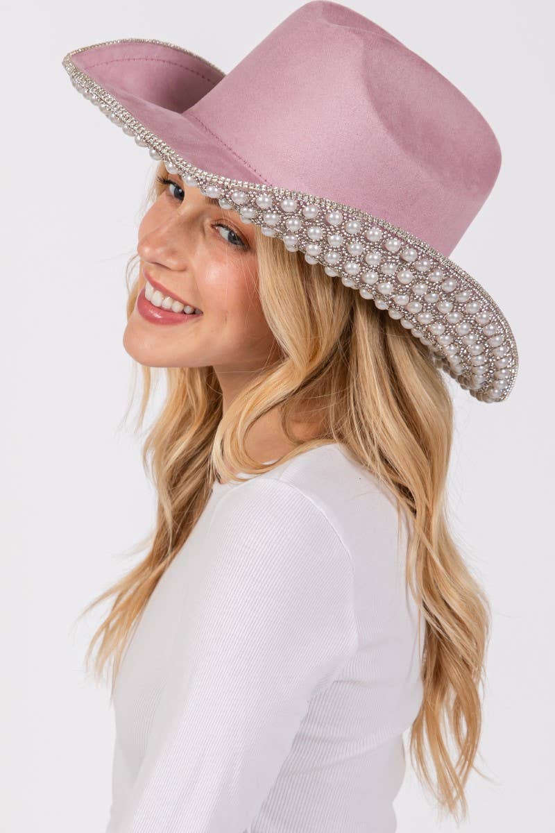Pave Rhinestone Pearl Trim Cowboy Hat Pink