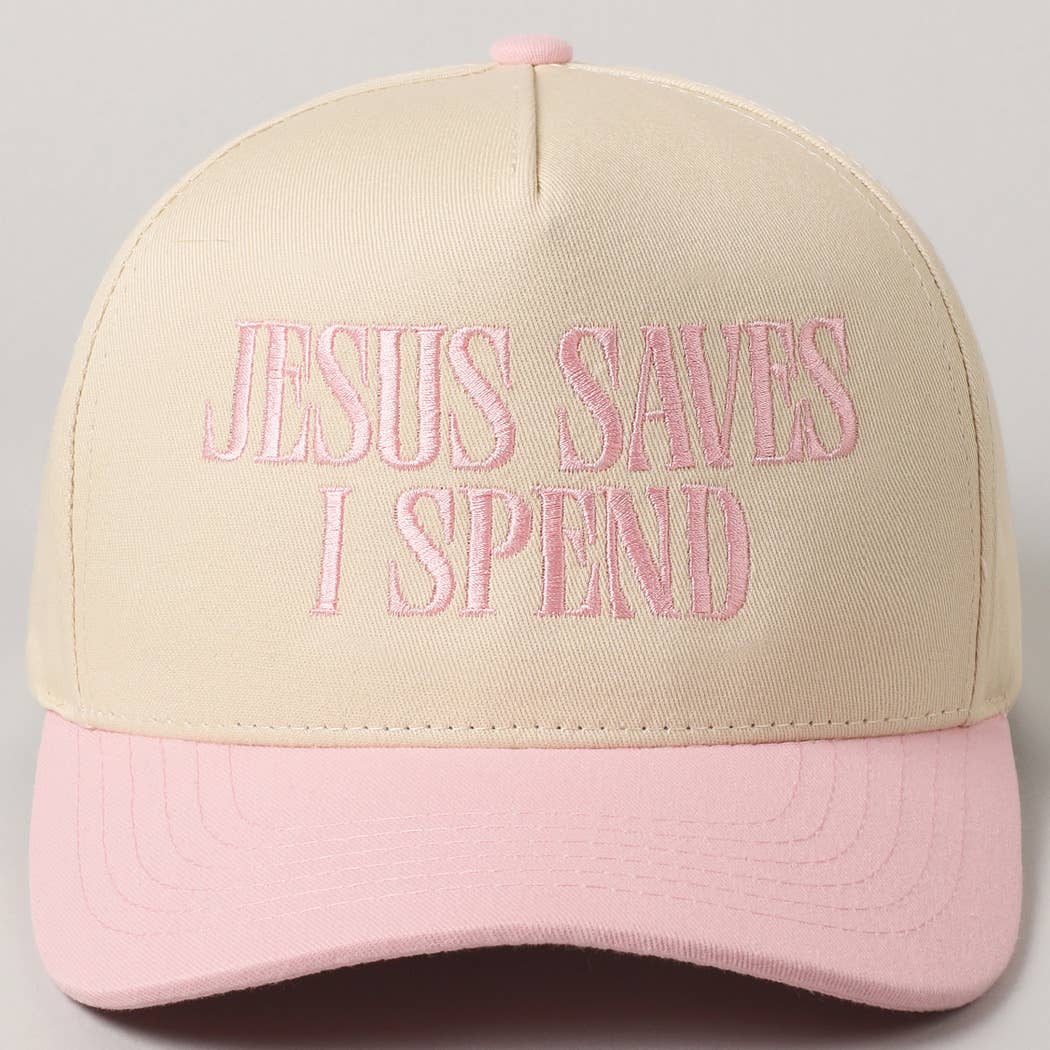 JESUS SAVES I SPEND Embroidery Trucker Hat: HOT PINK
