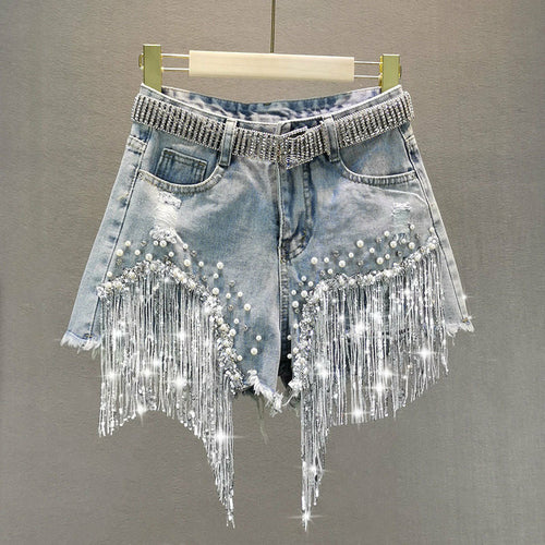 Tassel Beading High Waist Wide Leg Denim Shorts