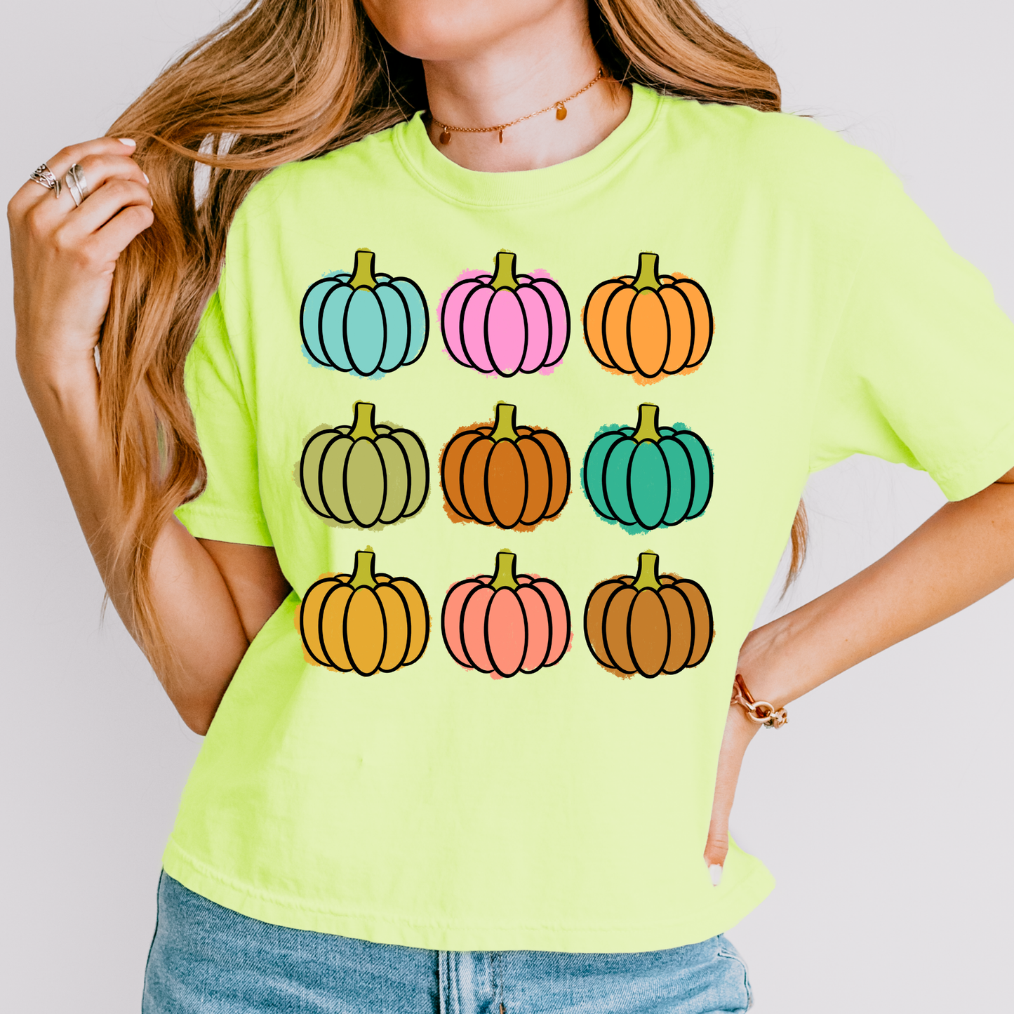 Pumpkin Grid Neon Fall Comfort Colors Graphic Tee
