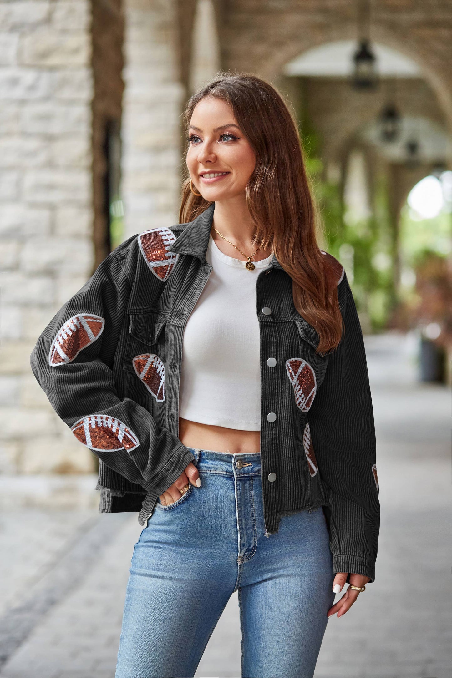 Cropped Corduroy Sequin Football Jacket Black
