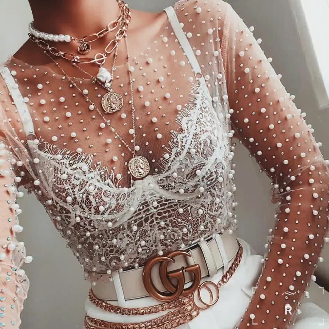 Pearl Rhinestone Studded See Through Mesh Top
