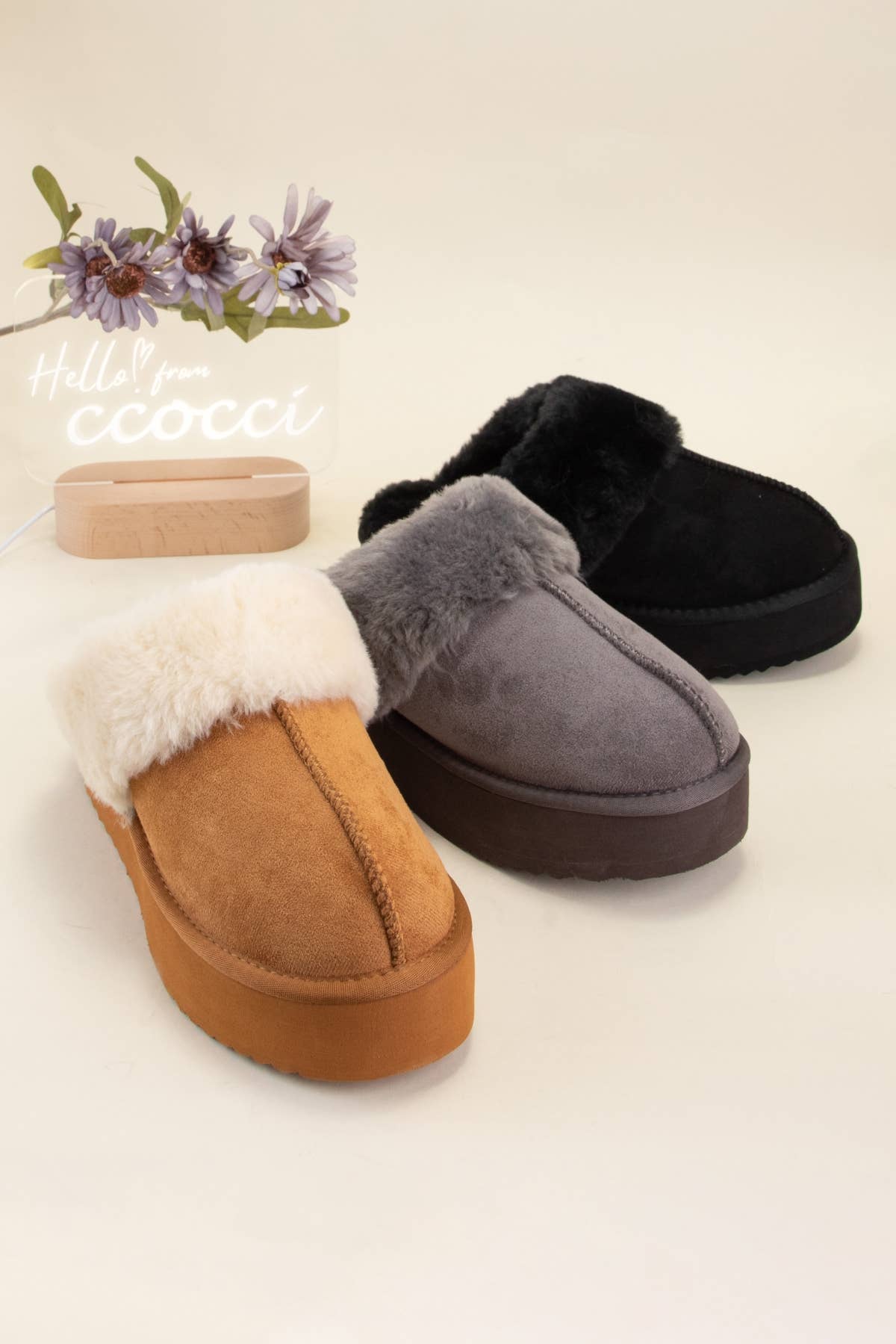 Platform Fur Slippers Tan