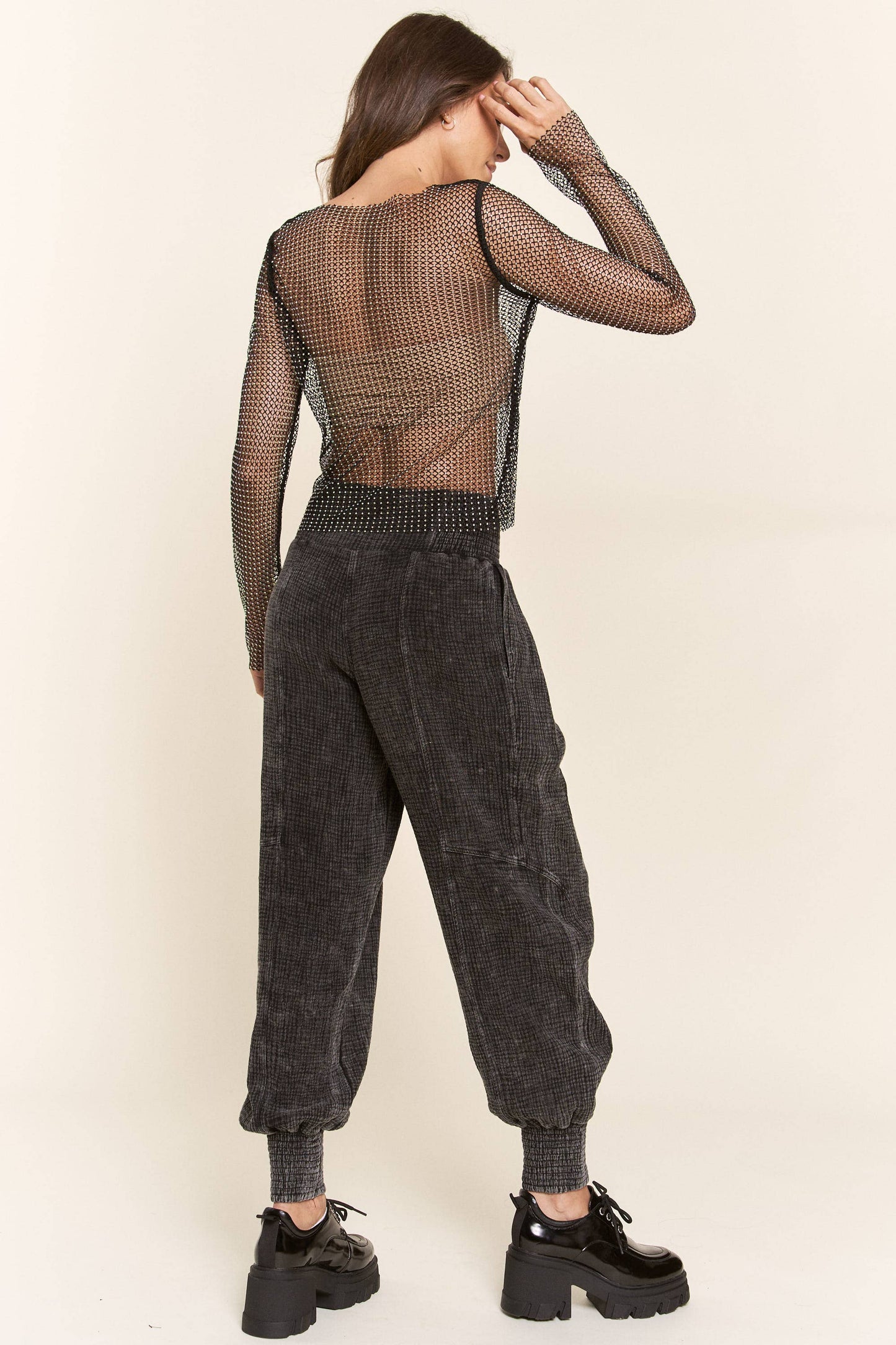 Long Sleeve Fishnet Rhinestone Top