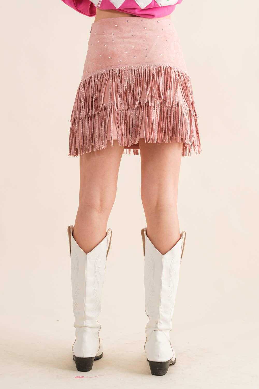 Suede Star Studded Fringe Skirt Tan