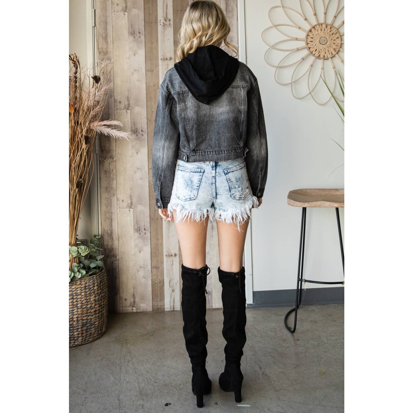 Washed Black Cropped Denim Hood Jacket: Black