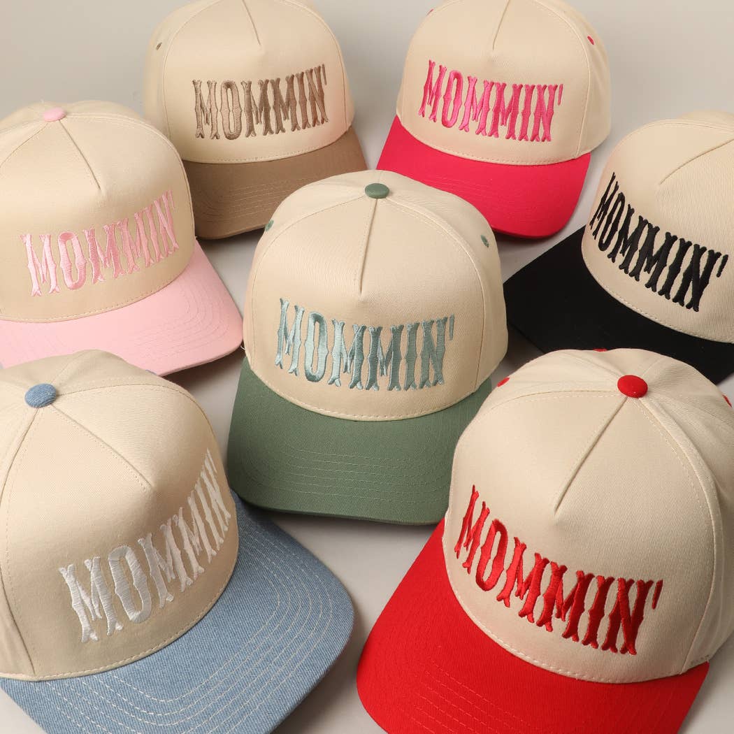 MOMMIN' Letter Embroidery Two-Tone Trucker Hat: Black