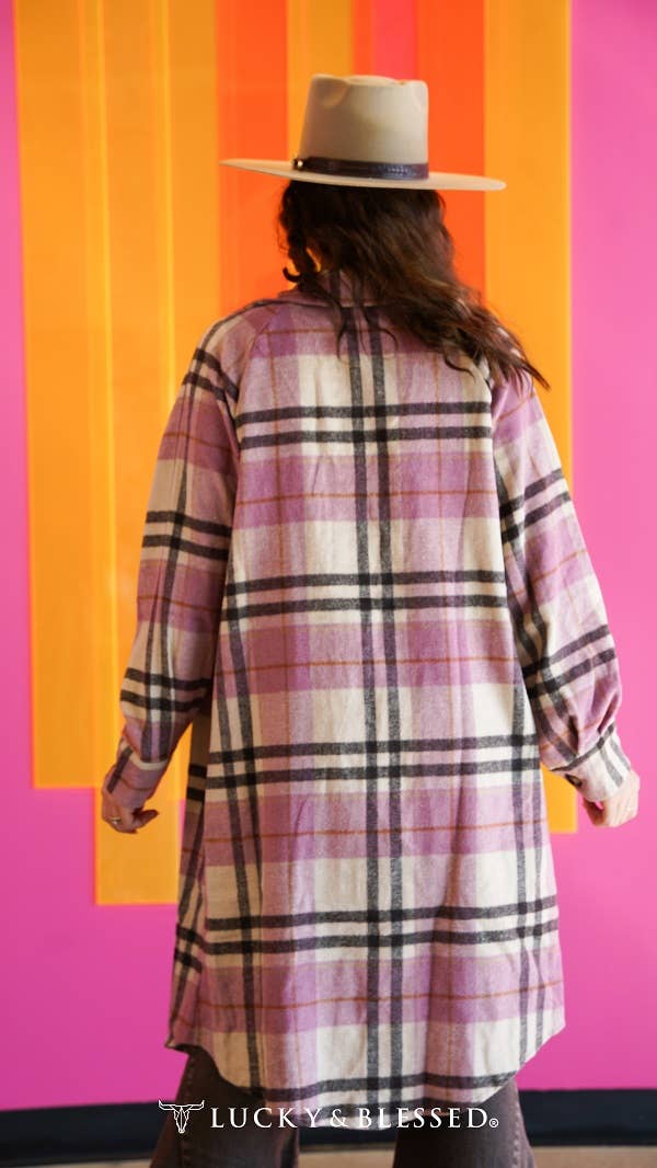 Pink Plaid Fleece Long Button Down Shacket
