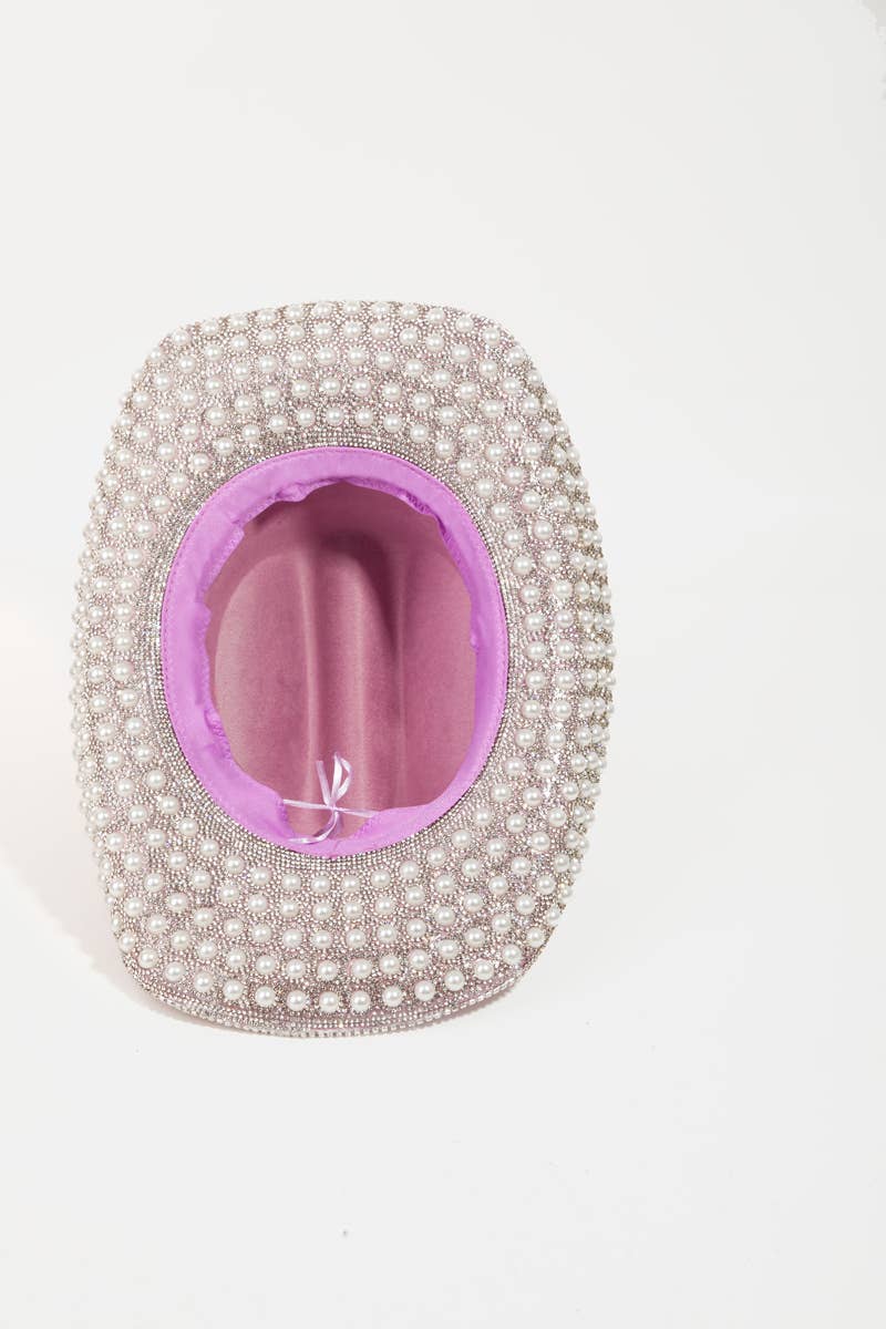 Pave Rhinestone Pearl Trim Cowboy Hat Pink