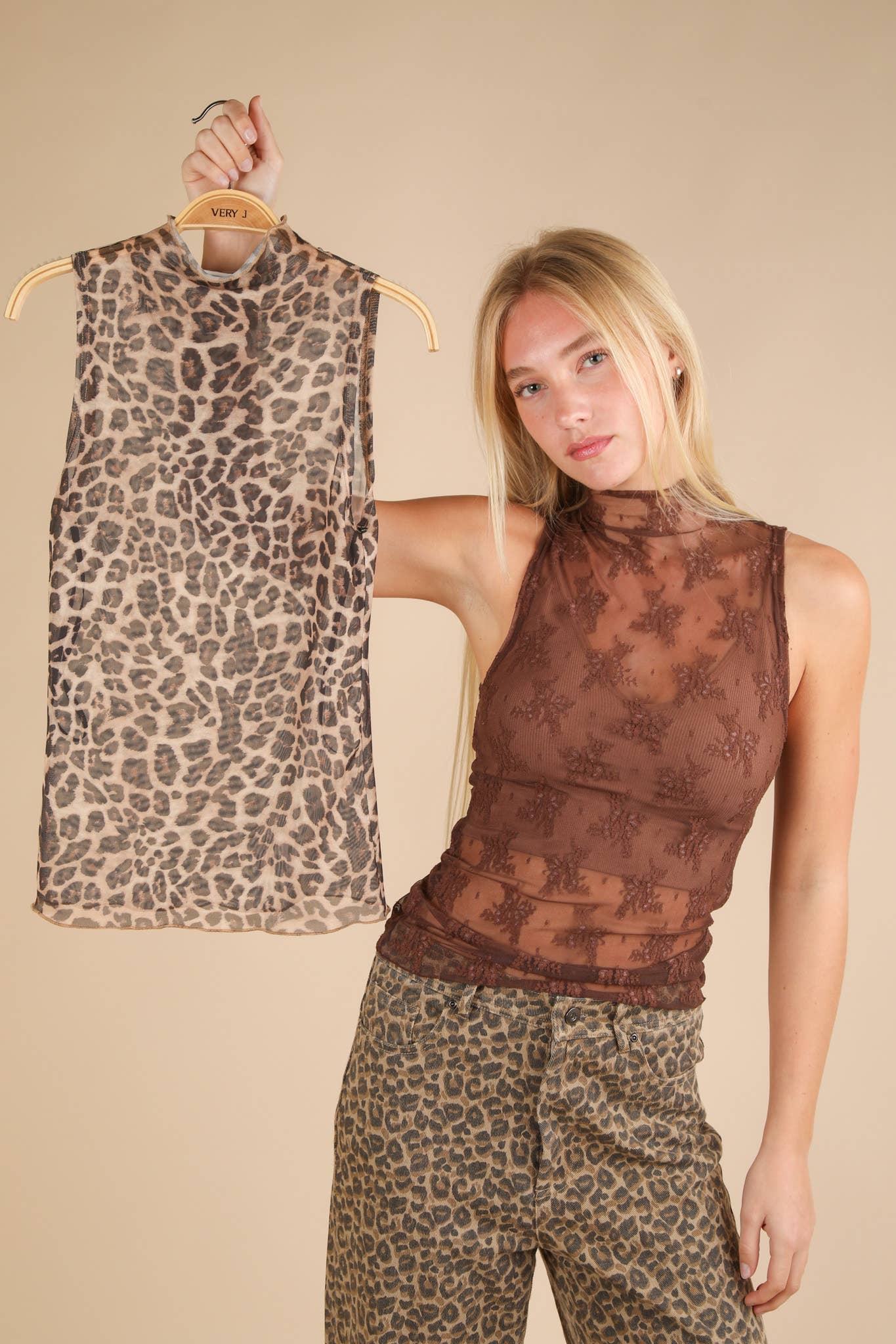 High Neck Sheer Mesh Lace Fitted Knit Top Leopard
