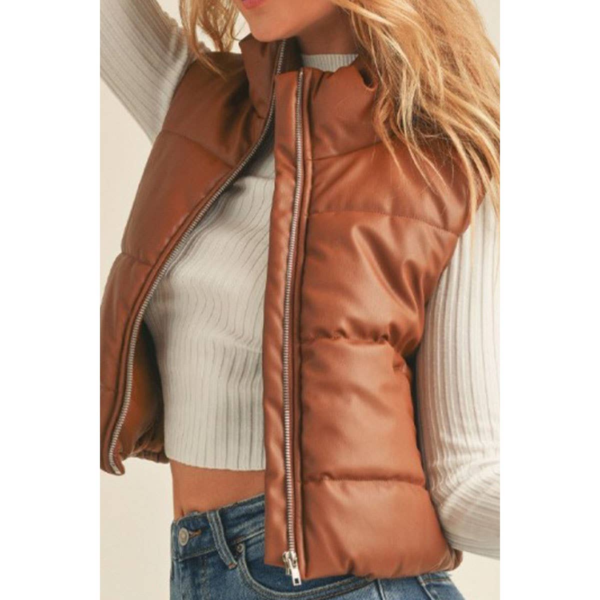 FAUX LEATHER ZIP UP PUFFER VEST BROWN
