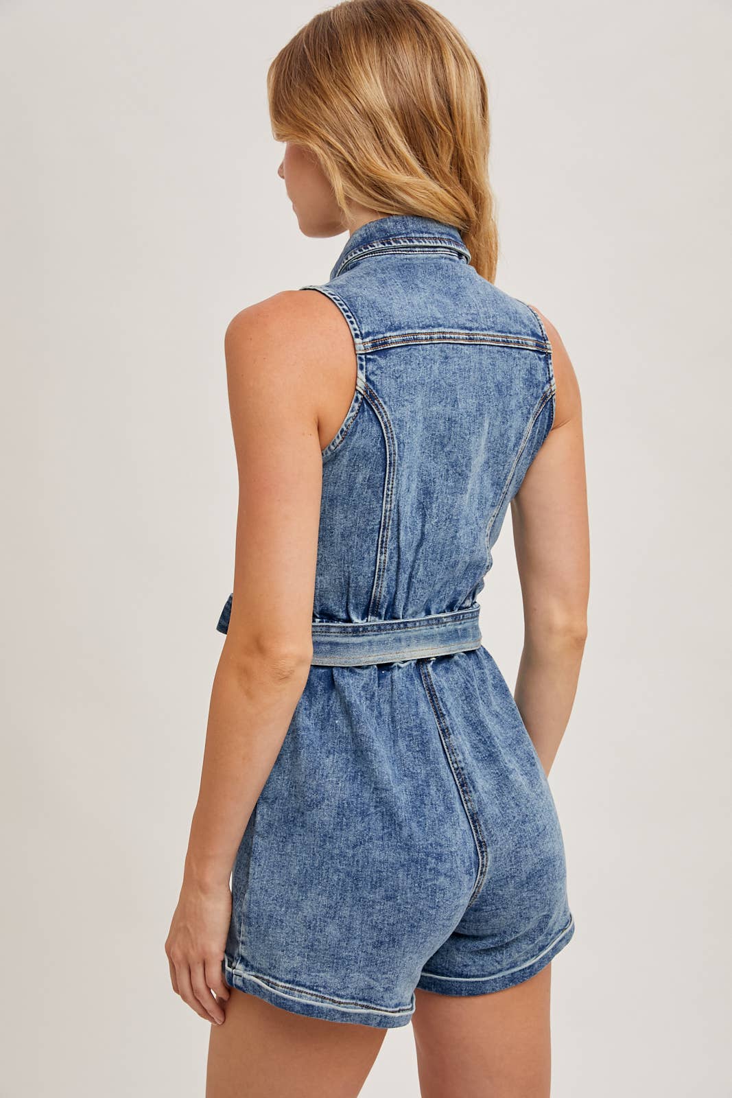 BUTTON DOWN BELTED DENIM ROMPER