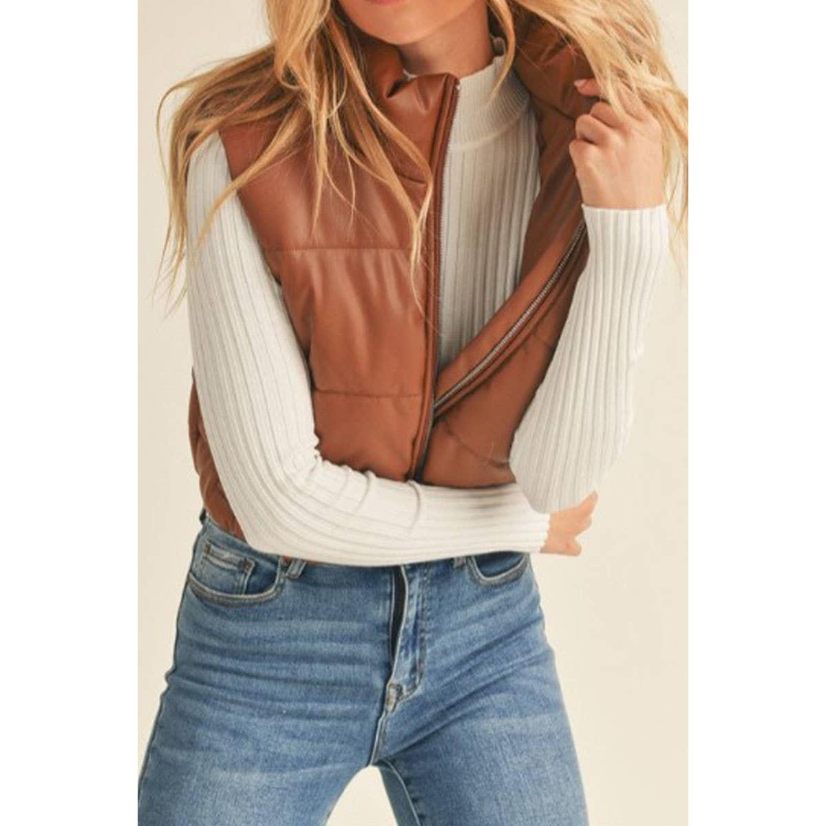 FAUX LEATHER ZIP UP PUFFER VEST BROWN