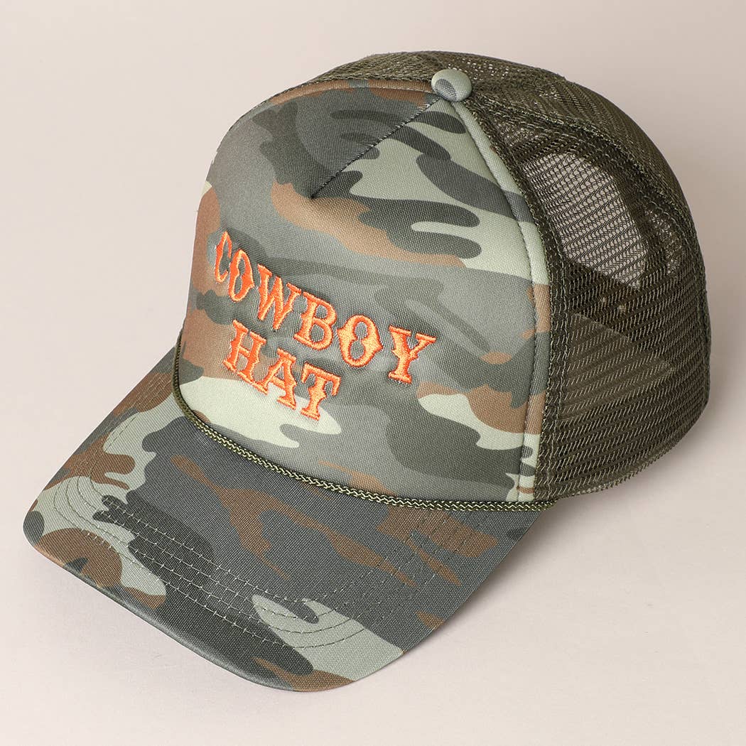 Cowboy Hat Embroidered Mesh Back Trucker Hat: BLACK