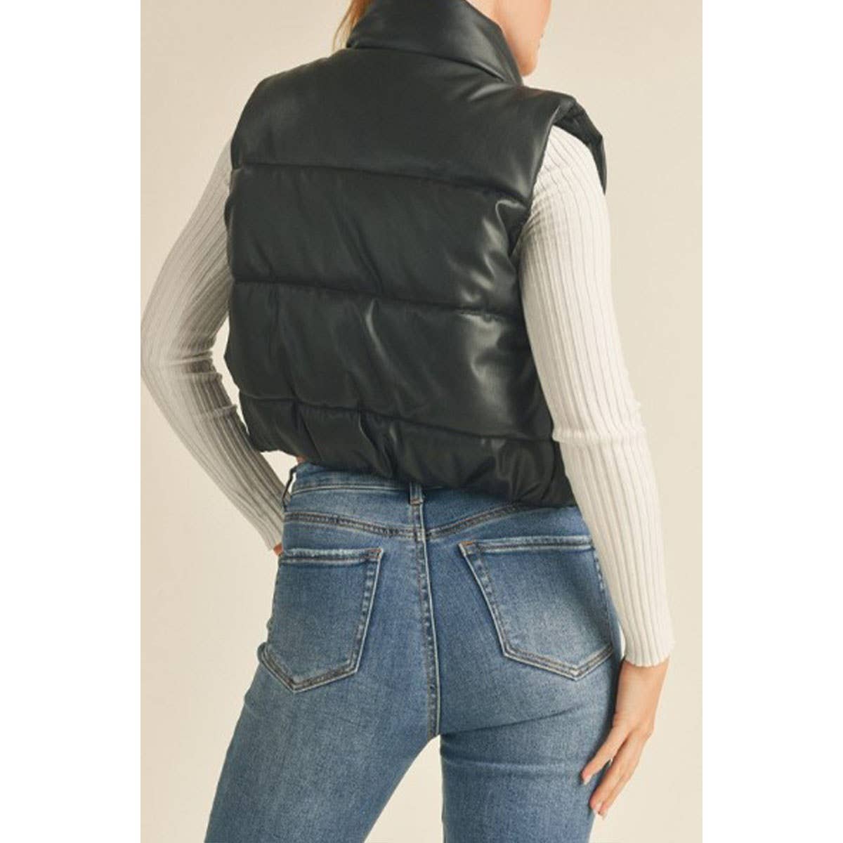FAUX LEATHER ZIP UP PUFFER VEST BLACK