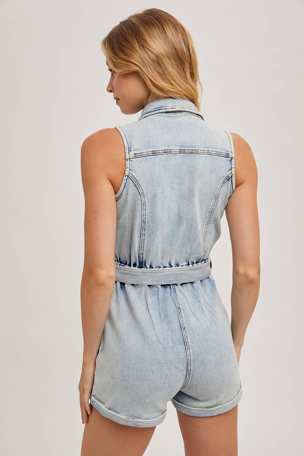 BUTTON DOWN BELTED DENIM ROMPER
