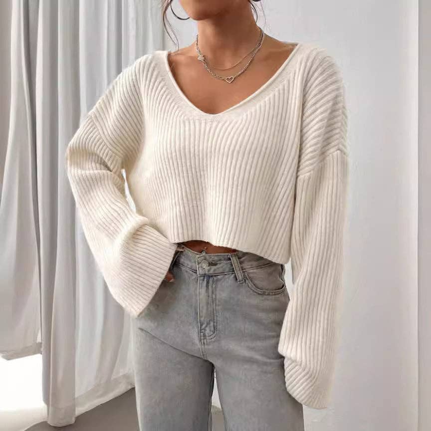 Ladies Drop Shoulder Ribbed Knit Sweater
