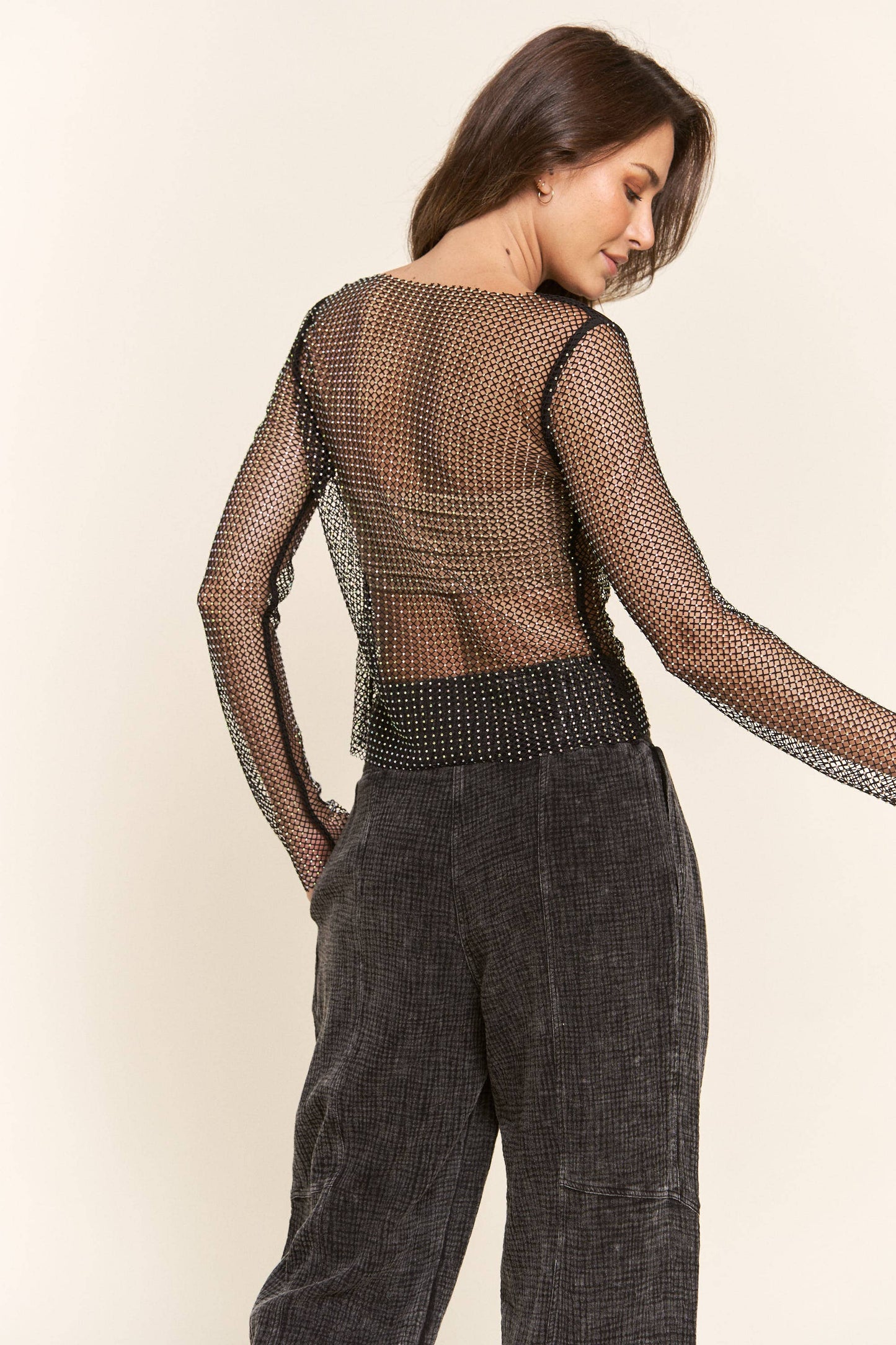 Long Sleeve Fishnet Rhinestone Top
