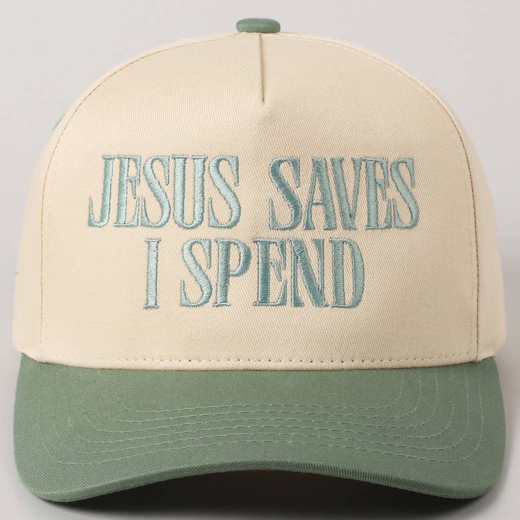 JESUS SAVES I SPEND Embroidery Trucker Hat: HOT PINK