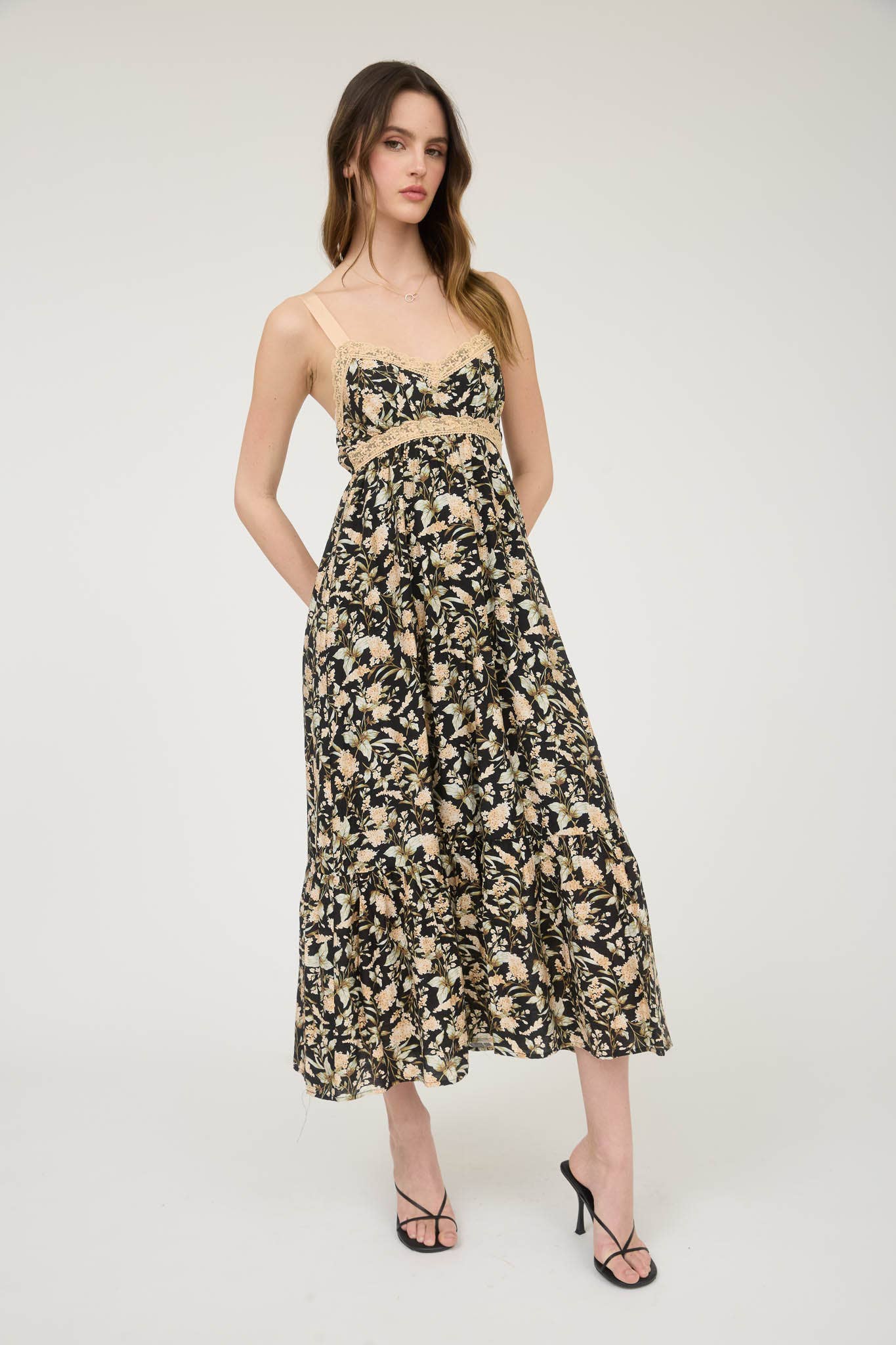 FLORAL LACE TRIM DRESS: BLACK MULTI