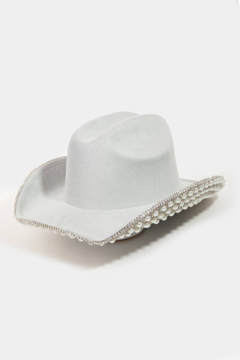 Pave Rhinestone Pearl Trim Cowboy Hat Pink