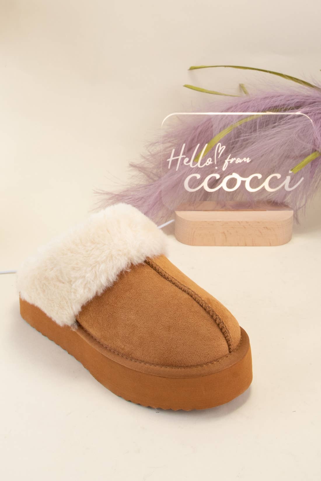 Platform Fur Slippers Tan