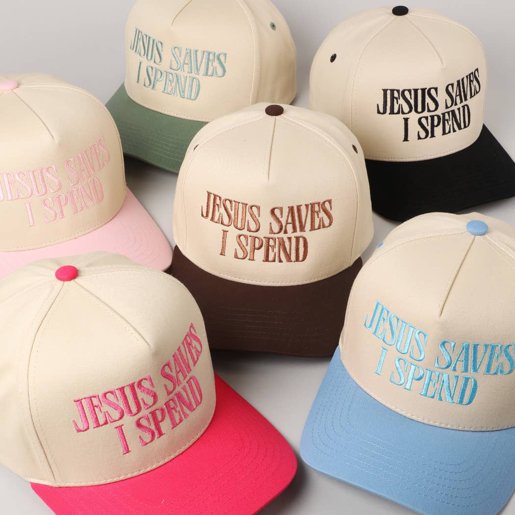 JESUS SAVES I SPEND Embroidery Trucker Hat: HOT PINK