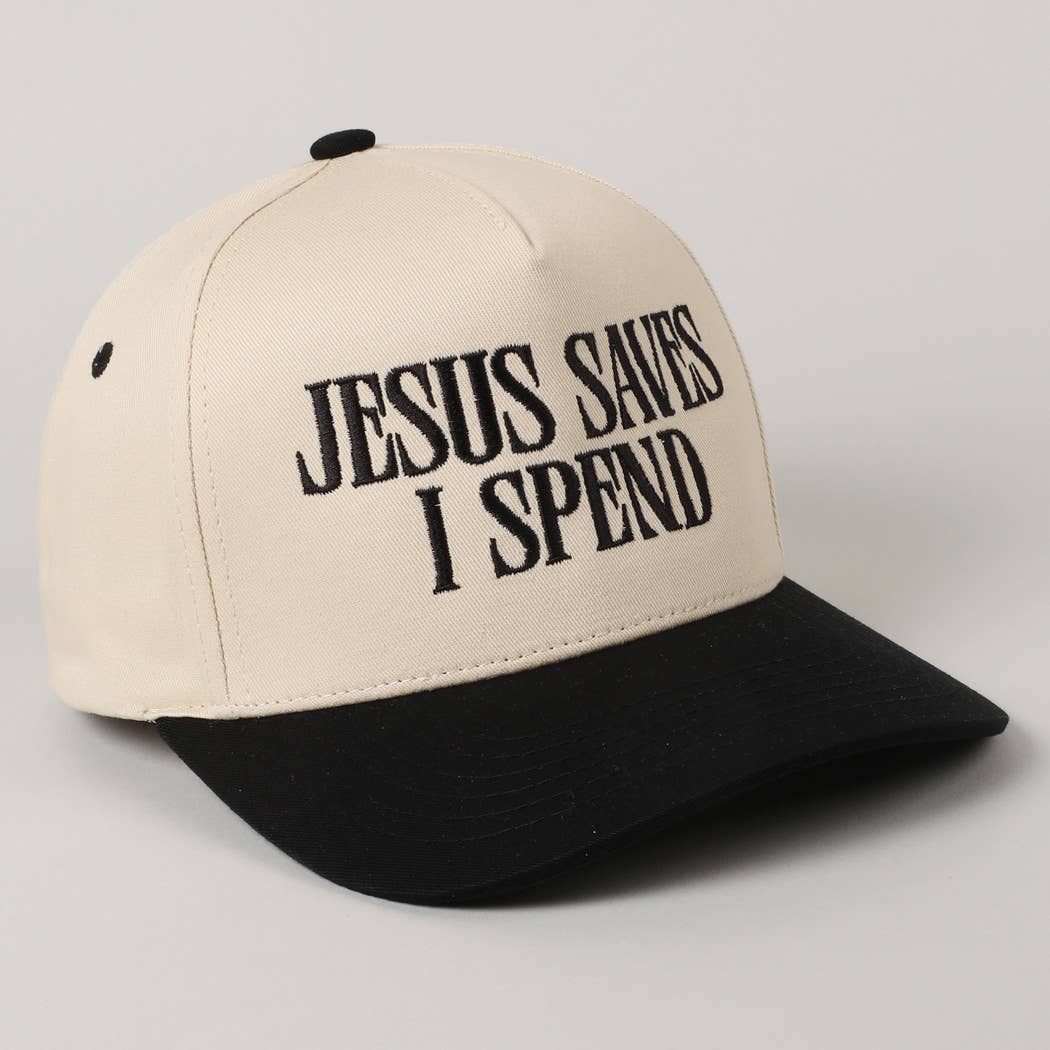 JESUS SAVES I SPEND Embroidery Trucker Hat: HOT PINK
