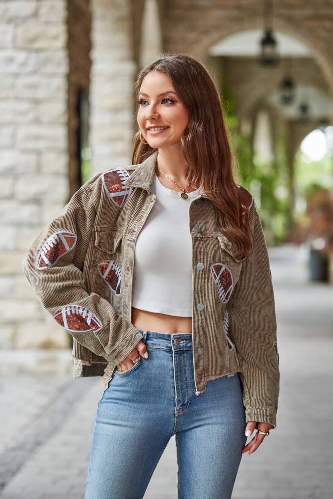 Cropped Corduroy Sequin Football Jacket Khaki