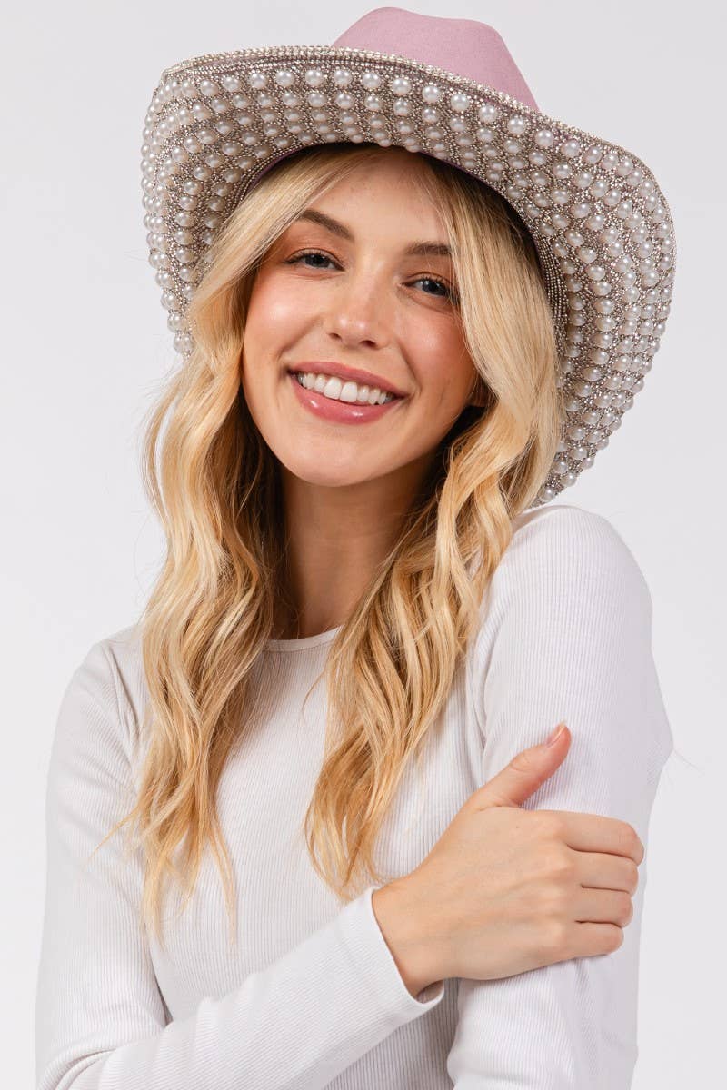 Pave Rhinestone Pearl Trim Cowboy Hat Pink